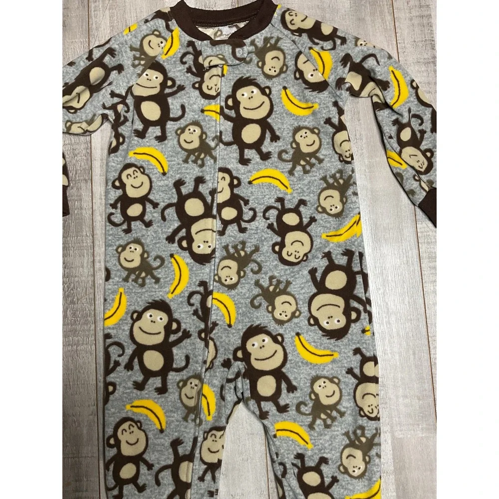 Carters 24M Monkey Banana Fleece Footed Pajamas Grey Brown Zip Up Sleeper